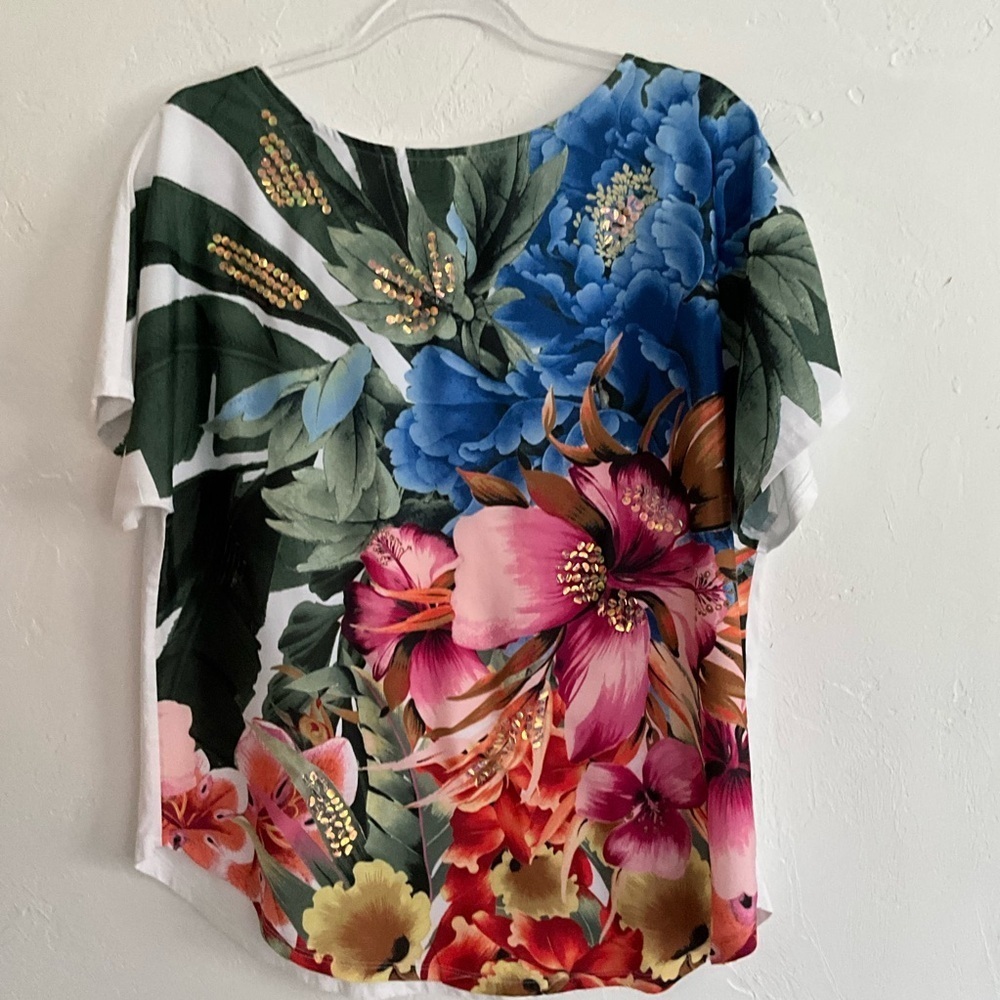 Chico's Tropical Floral Sequin Top Large